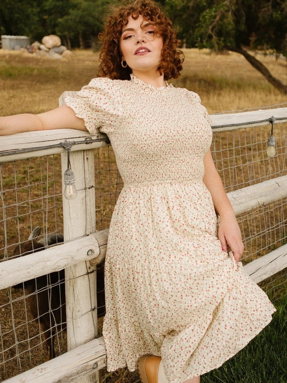 Ivy City Smocked Ditsy Floral Midi Dress in Cream - Picture 3 of 9